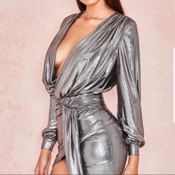 House Of CB Alvona Drape Mini Dress In Gunmetal Silver Small